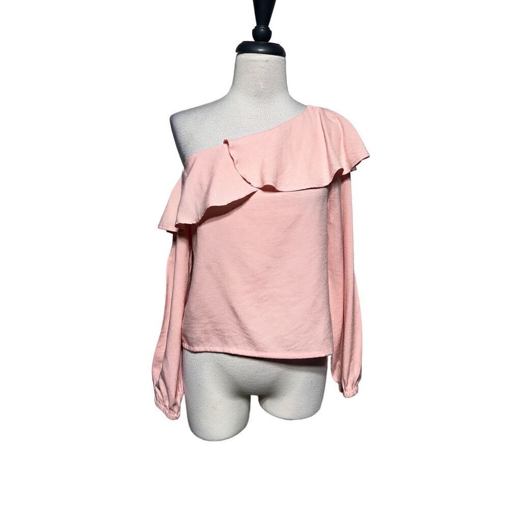 MINKPINK Long Sleeve Boho One Shoulder Pink Linen Blouse Size XS
